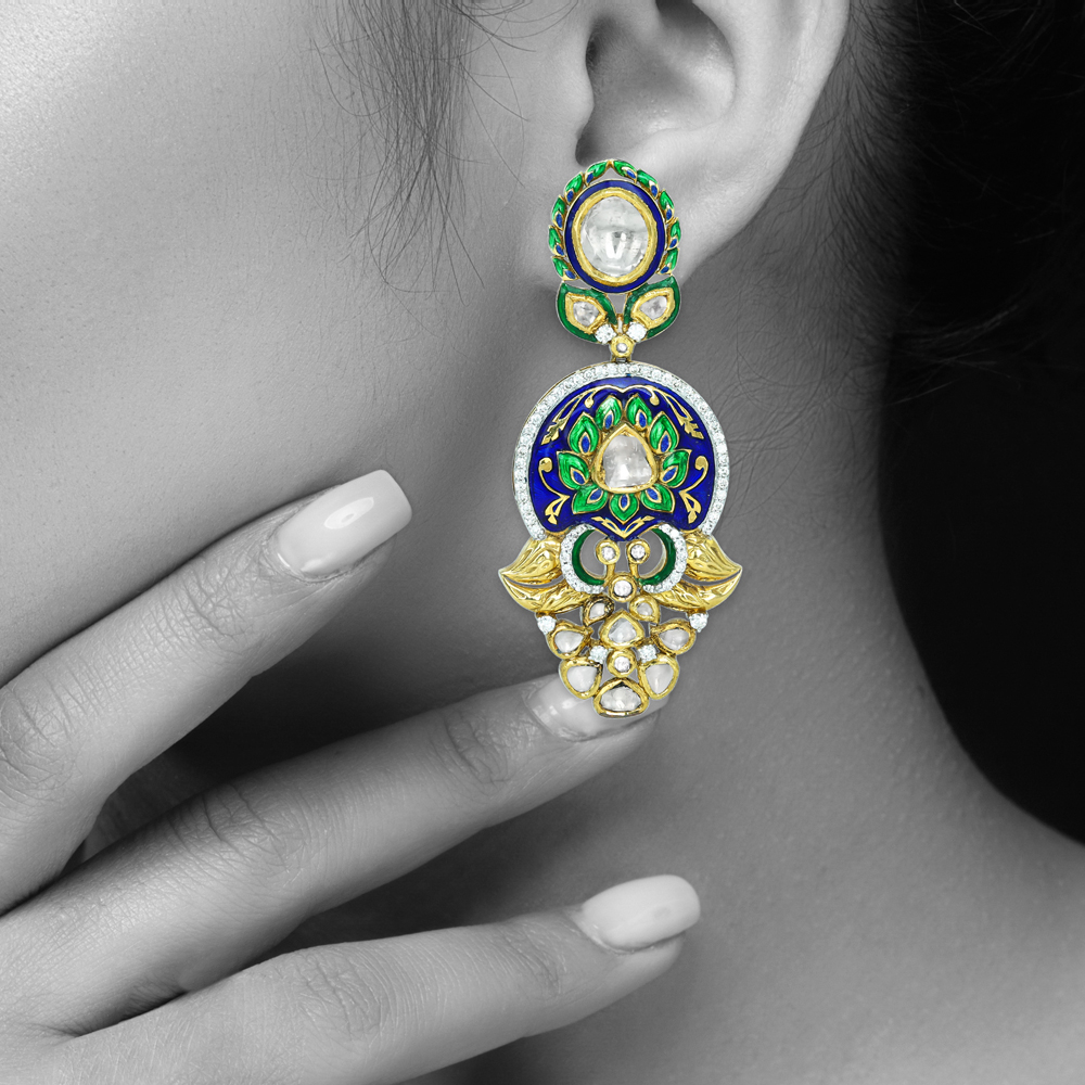 Polki Earrings with Blue-Green Enamel and Gold Accents